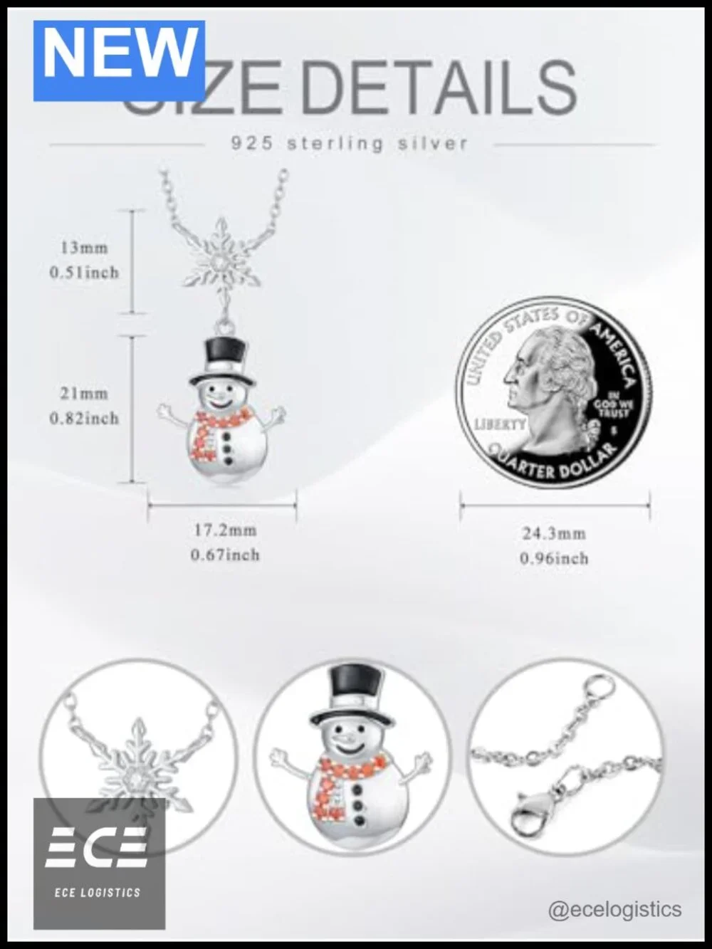 925 Sterling Silver Snowman Necklace Winter Christmas Pendant